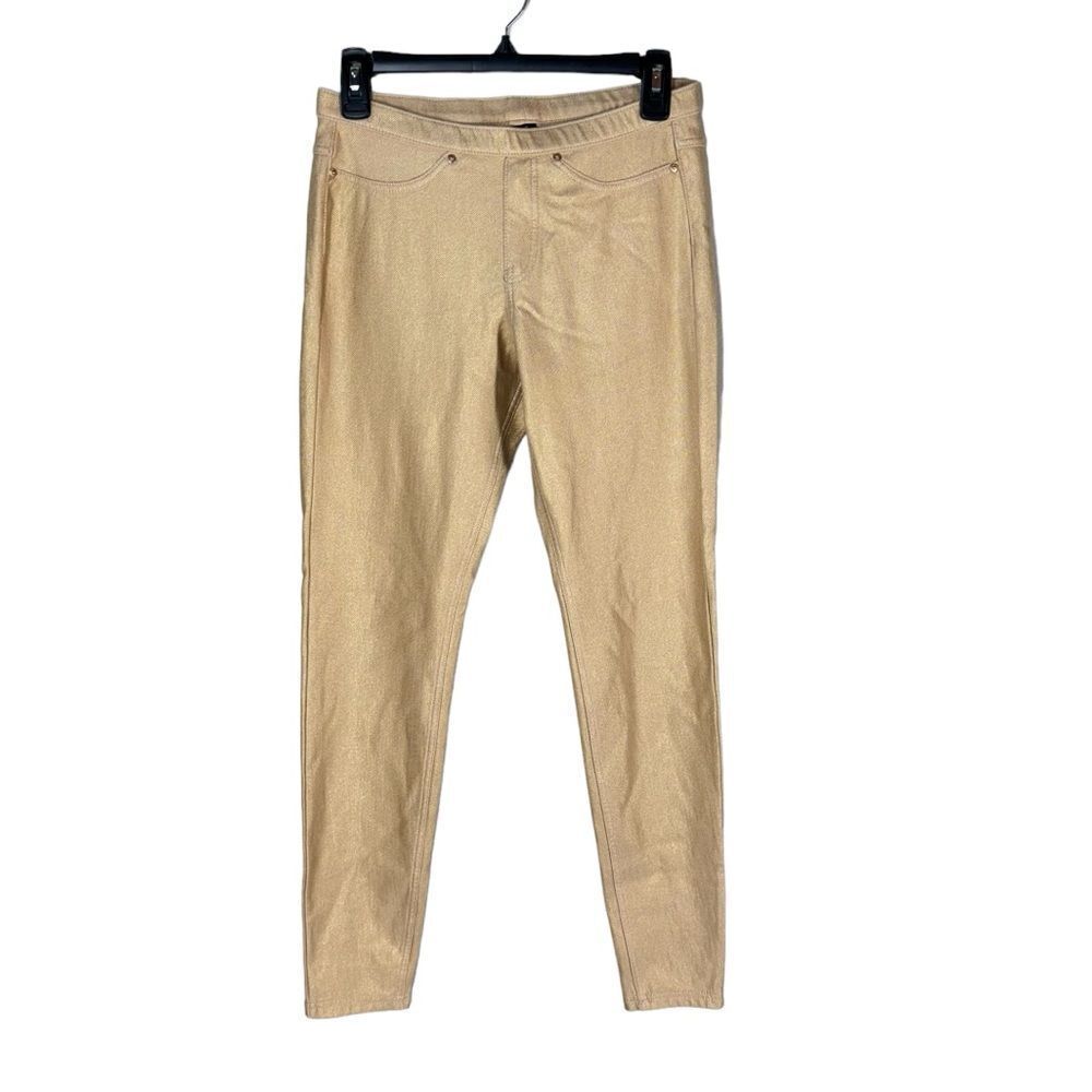 HUE Gold Metallic Denim Knit Leggings Size Medium Comfortable Pants Jean Look